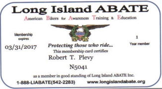 ABATE Lifetime Member ID Card New York Motorcycle Accident Lawyer Robert Plevy