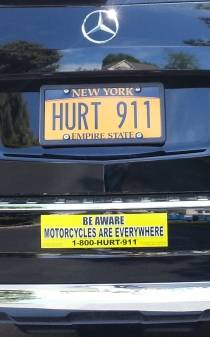 Motorcycle Awareness bumper sticker on New York Motorcycle Accident Lawyer Phil Franckel's car