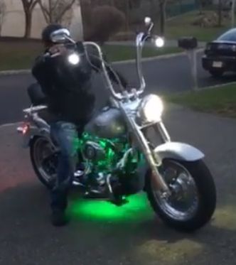 Green Underglow Light on a Harley Davidson Motorcycle in New York